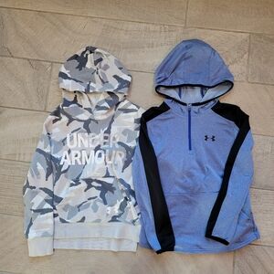 EUC-Under Armour Boy White/Gray Camo Hoodie + Blue/Black Half-Zip Hoodie